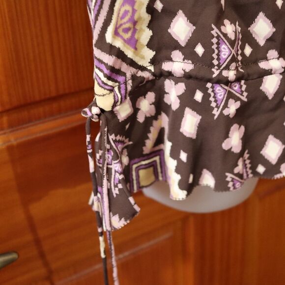 Tory Burch Size 12 Vintage 90s Purple Brown Patchwork Ruched Sleeve Silk - Picture 6 of 11